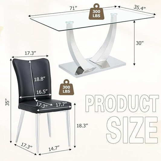 71'' Glass Dining Room Table Set for 6, Kitchen Table Set with 6 PU Leather Chairs, Tempered Glass Dining Table Set with Silver U-Shaped Table Legs and Rectangular Base