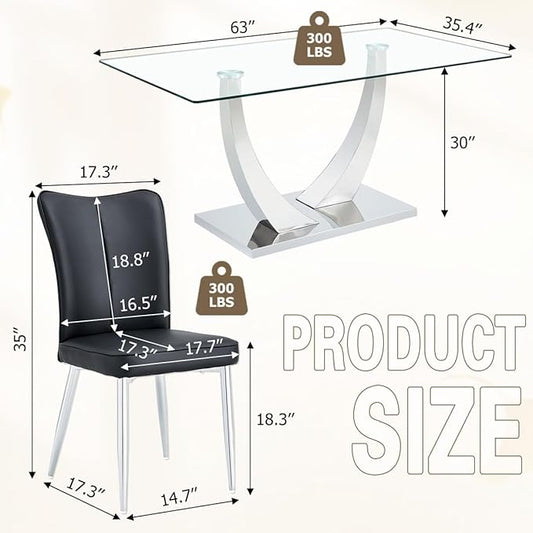 Glass Dining Table Set for 6,Dining Room Table Set for 6,Kitchen Table Set with 6 PU Leather Chairs,63'' Glass Dining Table Set with Silver U-Shaped Table Legs and Rectangular Base