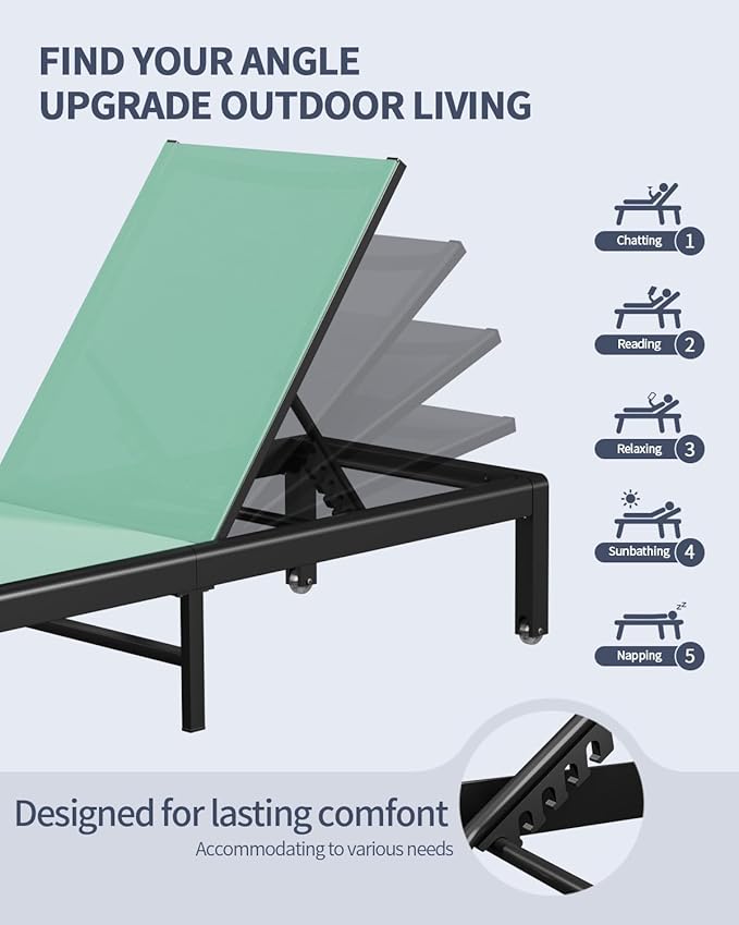 Aluminum Lounge Chairs Outdoor Chaise Furniture,2 Sets Patio Metal Deck Lounger Adjustable 5-Position Poolside Chase Recliner with Wheels for Beach,Coffee Table, (Green, 1 Chair)