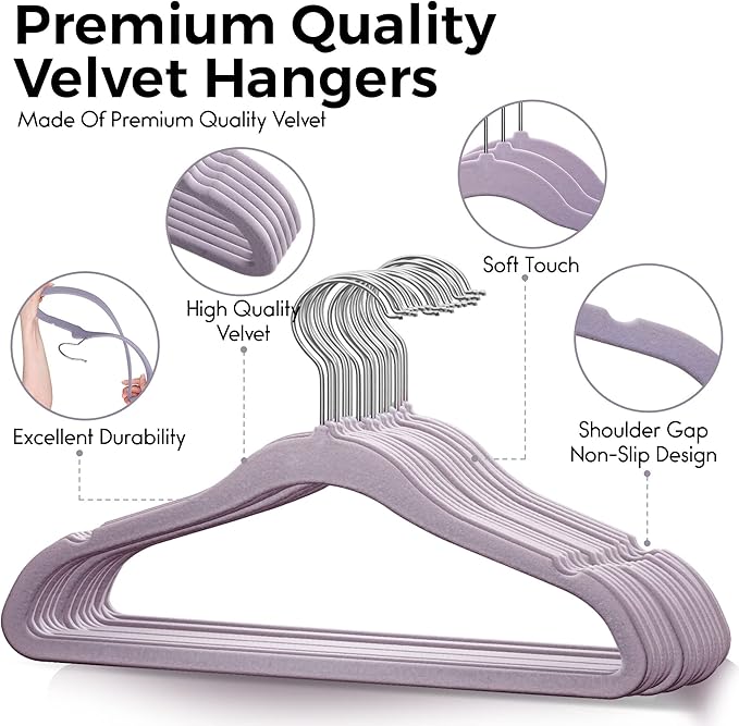 50 Premium Kids Velvet Hangers - 14'' Non-Slip, Ultra-Slim & Space-Saving Hangers - 360° Swivel Hook, Strong & Durable for Children & Preteens - Purple
