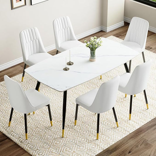 7 Piece Modern Dining Set, 62'' Sintered Stone Dinner Table for 6, 6 Chairs, Easy to Assemble