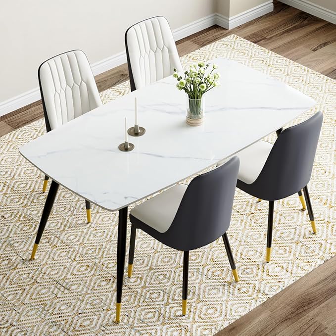 White Dining Table Set for 4, 62'' Dining Table Set for 4, Sintered Stone Dining Room Sets for 4, Easy to Assemble