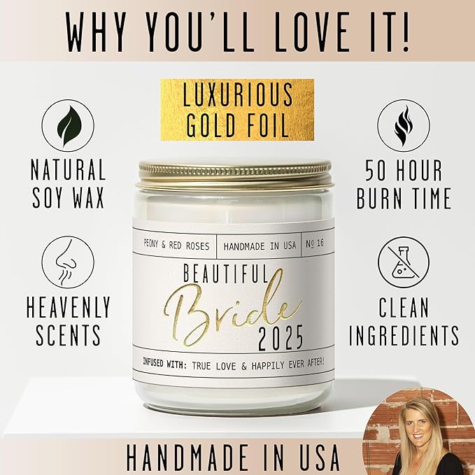 Soy and Sass Beautiful Bride 2025 Soy Wedding Candle, Peony & Red Roses Scent, 9 oz Jar, Wedding, Bridal Shower, Engagement