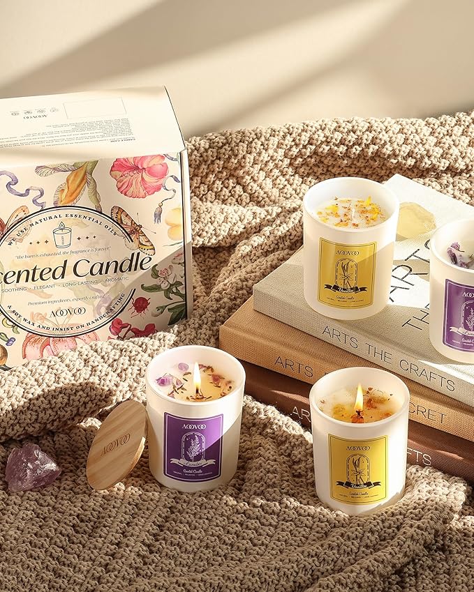 AOOVOO Lavender Candles Set for Women - 4 Pack Candles for Home Scented, 28 oz 200 Hour Long Lasting Aromatherapy Candle with Crystals Inside, Birthday Gifts Christmas Candle for Women Mom