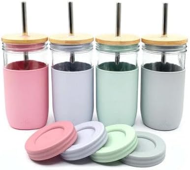 Elk and Friends 24oz Glass Mason Jar – Pack of 4 | Bamboo Straw Lids + Stainless Steel Straws | Smoothie + Iced Coffee + Bubble Tea Cups | Glass Cups with Lids and Straws | Dishwasher Safe