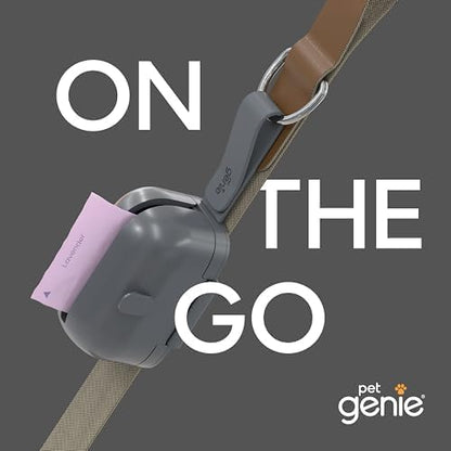 Pet Genie - On-the-Go Dog Poop Bag Dispenser for Leash - Compact & Easy to Use Device for Pet Supplies with 2-Point Secure Attachment, Includes 1 Roll (15 count) of Scented Poop Bags, (Lavender Scent)