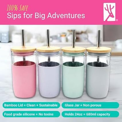 Elk and Friends 24oz Glass Mason Jar – Pack of 4 | Bamboo Straw Lids + Stainless Steel Straws | Smoothie + Iced Coffee + Bubble Tea Cups | Glass Cups with Lids and Straws | Dishwasher Safe