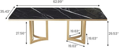 POVISON Marble Dining Table for 6, Modern Dining Room Table 63" for Kitchen & Dining Room, Black Marble Table Top with Luxury Gold Trestle Pedestal(Dining Table Only)