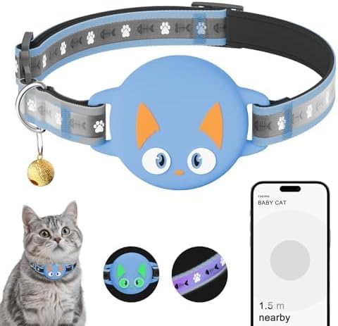 Airtag Cat Collar Breakaway, Reflective Kitten Collar with Apple Air Tag Holder and Bell for Girl Boy Cats, Lightweight Cat Collars for Apple AirTag, Hidden GPS Tracker Holder for Cats, Blue (9-13")