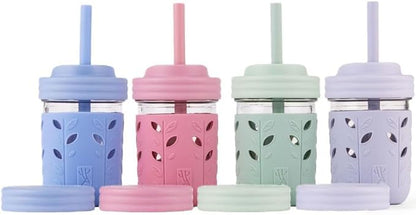 Elk and Friends Kids + Toddler Glass Cups | The Original 8oz Glass Mason Jar with Sleeves + Lids | Silicone Straws + Stopper | Smoothie Cup | Food Storage | Spill Resistant | Dishwasher Safe | 4 Pack