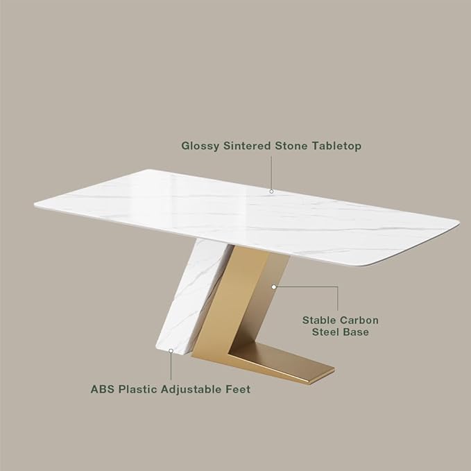 POVISON 71" Modern Dining Table for 6, Luxury Rectangle Dining Table Sintered Stone Dining Tabletop with Z-Shaped Stainless Steel Pedestal for Dining Room, Living Room (Table Only)