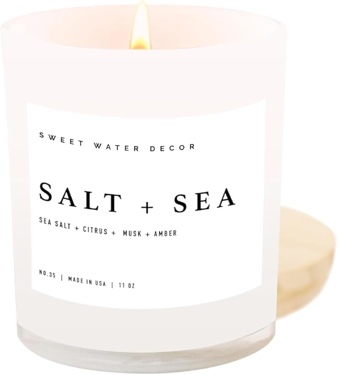 Sweet Water Decor Salt and Sea Candle - Sea Salt, Citrus, Amber, Musk, Beach Scented Soy Candles for Home - 11oz White Glass Jar + Wood Lid, 50+ Hour Burn Time, Made in The USA