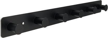 Coat Rack Wall Mounted, Black Coat Hooks Adhesive & Screw in, Stainless Steel Door Hooks for Hanging Hat Towels Clothes, Hook Rail with 6 Round Hangers