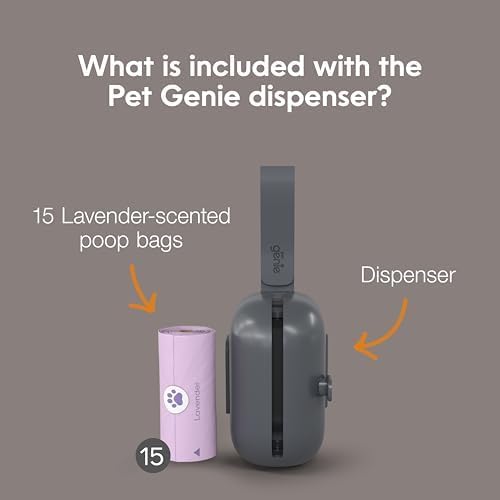 Pet Genie - On-the-Go Dog Poop Bag Dispenser for Leash - Compact & Easy to Use Device for Pet Supplies with 2-Point Secure Attachment, Includes 1 Roll (15 count) of Scented Poop Bags, (Lavender Scent)