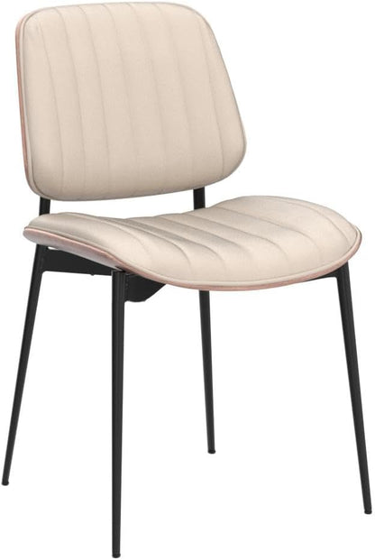 LUNLING Dining Room Chairs Set of 2 Mid Century Modern Retro Beige Faux Leather Chair with Walnut Bentwood Upholstered Seat Metal Legs Kitchen Chairs Adjustable Foot for Kitchen Dining Room