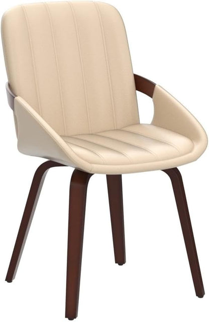 Mid Century Modern Beige Faux Leather Upholstered Dining Chairs Set of 2,Armless Accent Chairs with Sturdy Natural Wood Legs,Bamboo Backrest Support for Kitchen&Dining Room Chairs