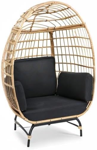 SereneLife Jovial Wicker Rattan Egg Chair,Indoor Outdoor Black Sofa Chair for Patio Backyard and Living Room with 4 Cushions and Powder Coated Steel Frame,Woven Texture Contemporary Ribbed Back Design
