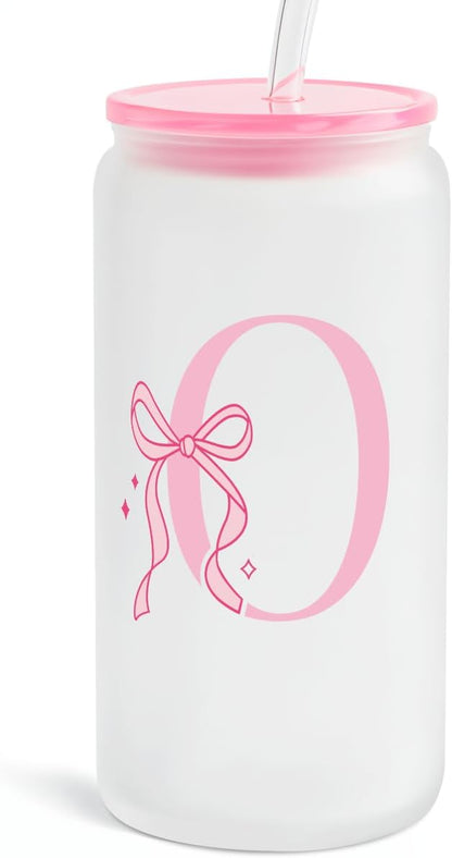 SANDJEST Monogrammed Glass Drinking Can Cup with Acrylic Lid and Straw, Personalized Frosted Iced Coffee Tumbler 16oz, Monogram Initial Gifts for Women Girls on Birthday (O)