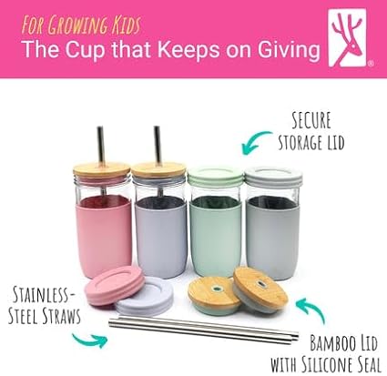 Elk and Friends 24oz Glass Mason Jar – Pack of 4 | Bamboo Straw Lids + Stainless Steel Straws | Smoothie + Iced Coffee + Bubble Tea Cups | Glass Cups with Lids and Straws | Dishwasher Safe