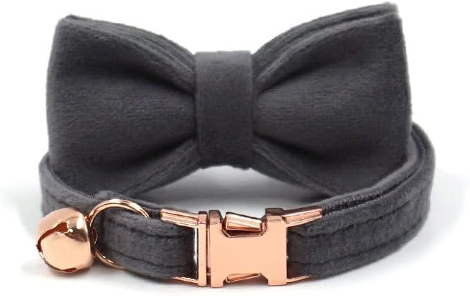 Personalized Cat Collar with Bells,Velvet Customized Small Cat Collar with Name Tag,Pet Collar with Name Phone Number Engraved ID Tags for Boy and Girl Kitten Cats (Grey)