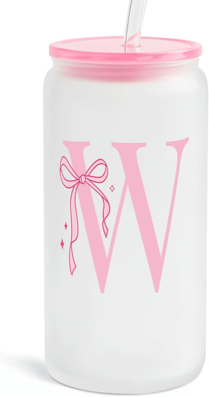 SANDJEST Monogrammed Glass Drinking Can Cup with Acrylic Lid and Straw, Personalized Frosted Iced Coffee Tumbler 16oz, Monogram Initial Gifts for Women Girls on Birthday (W)