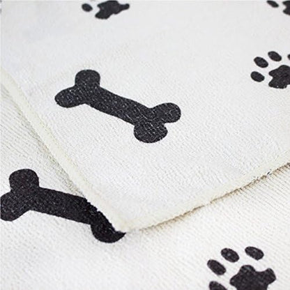 Zwipes Large Microfiber Pet Towels (Size: 30" x 36"), 2-Pack Soft Terry Cleaning Cloths, White with Black Bone/Paw Print