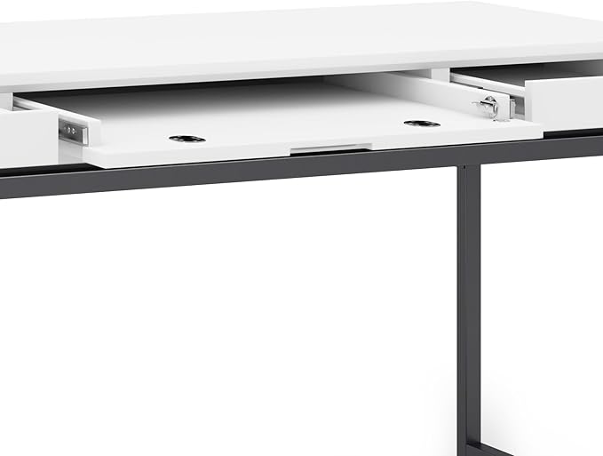 SIMPLIHOME Banting Desk - 60-Inch Wide Solid Hardwood and Metal Writing Desk in White, Modern Industrial Home Office Computer Table for Study with 2 Drawers and Flip-Down Keyboard Tray