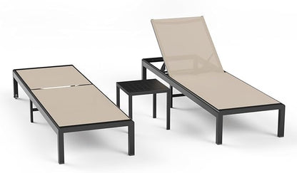 Aluminum Lounge Chairs Outdoor Chaise Furniture,2 Sets Patio Metal Deck Lounger Adjustable 5-Position Poolside Chase Recliner with Wheels for Beach,Coffee Table, (Khaki, 2 Chairs + Table)