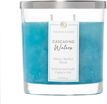 Colonial Candle Cascading Waters Scented Candle Jar, Highly Fragranced Candles for Home Scented, Mottled Wax Candle, 2 Wick, 8 oz - Made in The USA