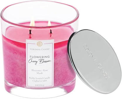 Colonial Candle Flowering Cherry Blossom Scented Candle Jar, Highly Fragranced Candles for Home Scented, Mottled Wax Candle, 2 Wick, 8 oz - Made in The USA