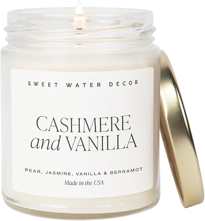 Sweet Water Decor Cashmere and Vanilla Soy Candle - Jasmine, Soft Cashmere, Sandalwood, Vanilla Scented Spring Candle for Home - 9oz Clear Jar with Lid, 40+ Hour Burn Time, Made in The USA