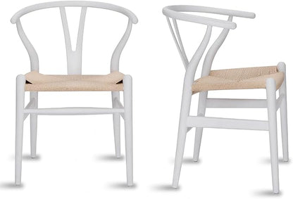 Tomile Wishbone Chair Y Chair, Wooden Dining Chairs Set of 2, Mid Century Modern Chairs with Arms, Solid Wood Weave Seat Kitchen & Dining Room Chairs (Ash Wood - White)