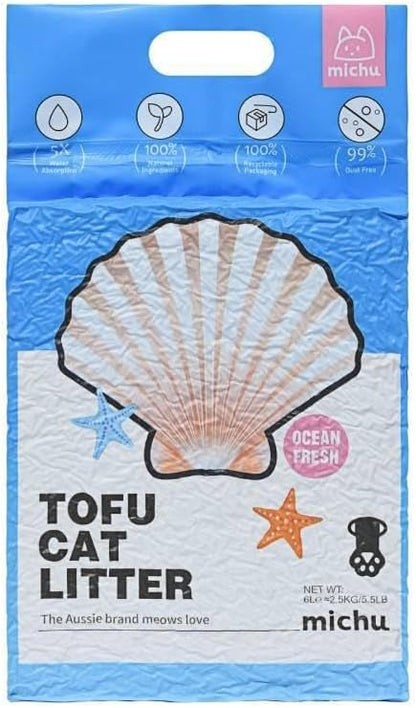Michu Tofu Cat Litter Natural Clumping Tofu Cat Litter, Fast Clumping and Easily Scoop-able 5.5lb/88oz 5 Scents - Ocean Fresh, 4 Pack