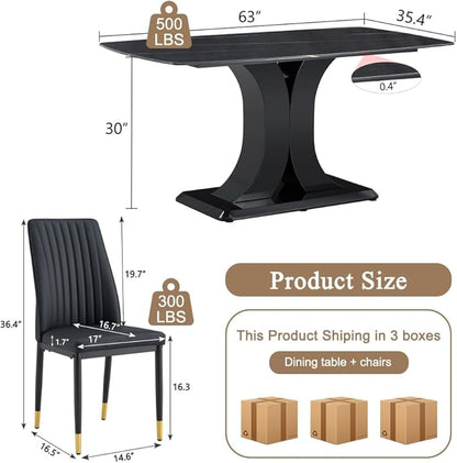Modern Dining Table & Matching 4 Chairs, Rectangular - Black Marble Top with Leather Upholstery, Perfect for Dining Room (Set of 1 Table + 4 Chairs)