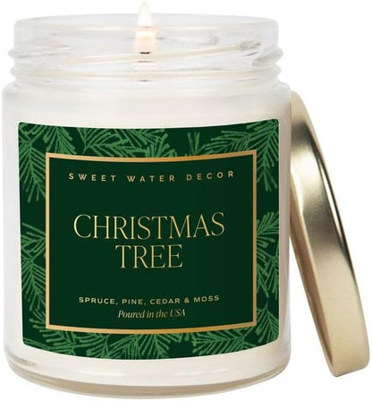 Sweet Water Decor Christmas Tree Candle - Spruce, Pine Needles and Evergreen Candles Scented Soy Candles for Home - Christmas Candle 9oz Clear Jar, 40 Hour Burn Time, Made in The USA