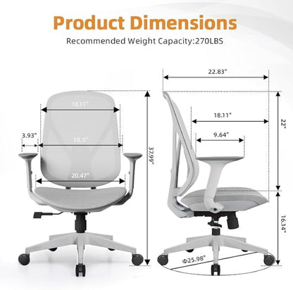Mesh Office Chair – Ergonomic Office Chair with Lumbar Support, Adjustable Armrests & Sliding Soft Seat Cushion – Holds Up to 270lbs (Grey)