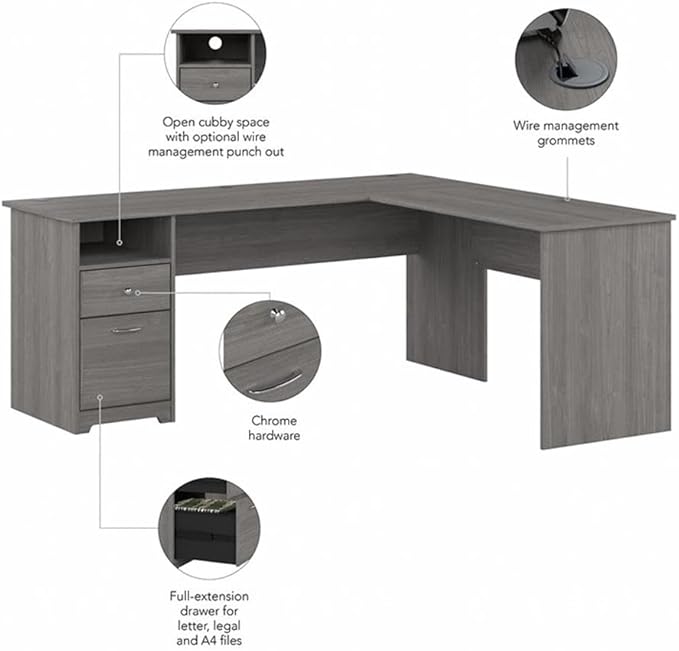 Bush Furniture L Shaped Desk with Drawers for Executive and Home Office | Cabot Collection Corner Table with Storage and Chrome Hardware | 72Wx23DX42W Return