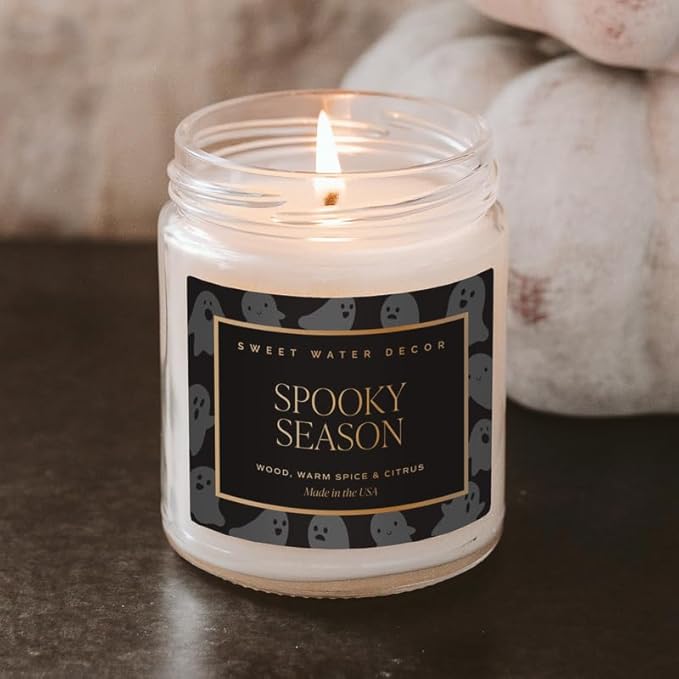 Sweet Water Decor Spooky Candle, Autumn Scented Notes of Citrus, Spices, & Woods, 40+ Hour Burn Time, Non-Toxic Soy Wax Blend, Poured in The USA, Cotton Wick, 9oz Glass Jar with Gold Lid