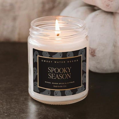 Sweet Water Decor Spooky Candle, Autumn Scented Notes of Citrus, Spices, & Woods, 40+ Hour Burn Time, Non-Toxic Soy Wax Blend, Poured in The USA, Cotton Wick, 9oz Glass Jar with Gold Lid
