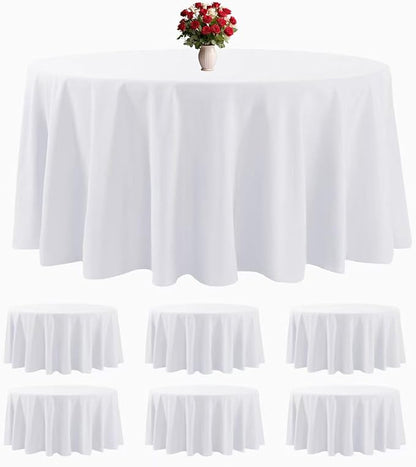6 Pack White Round Tablecloths 132 Inches Table Cloth Stain and Wrinkle Resistant Washable Polyester Table Cover Fabric for Party, Wedding,Dining,and Banquet Decoration