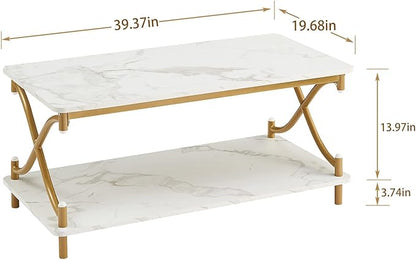VECELO White and Gold Coffee Table with Storage and Open Shelves for Living Dining Room 39-Inch, Modern Rectangle & Industrial Design, X-Shape Frame, Easy Assemble