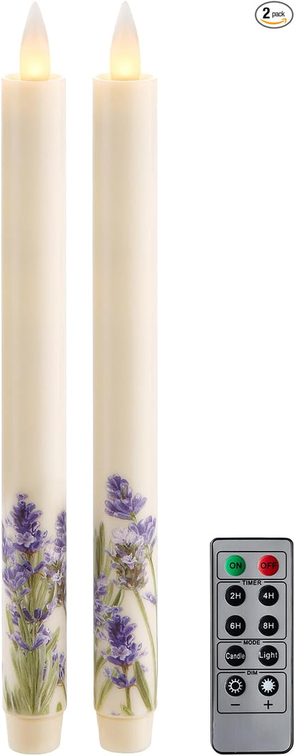 Flameless Taper Candles Flickering with Remote and Timer, 3D Moving Flame Taper Candle Battery Operated to 400 Hours, 9 Inch Window Candles, (Lilac)
