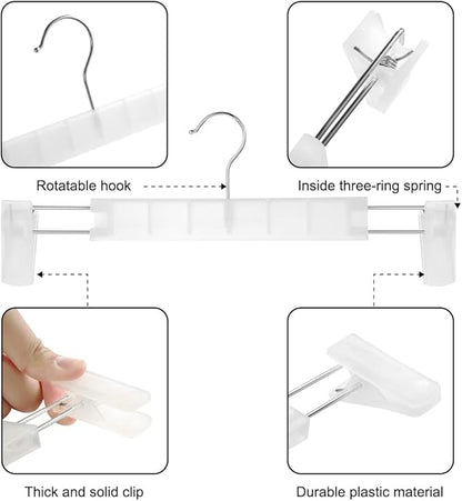 Clothes Pants Hangers, Space-Saving Skirt Holders with 360 ° Swivel Hooks, Adjustable Clips, Trouser Hangers, Clothes Coat Garment Jeans Hangers (10 Pack, Transparent)