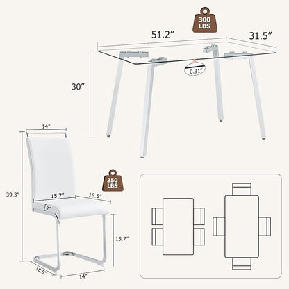 51“ Small Glass Dining Table Set for 4,0.31”Thick Tempered Glass Table Top with 4 Chrome Plate Metal Legs,4 PU Leather Dining Chairs,Modern Kitchen Dinner Room Table Set,for Kitchen Room