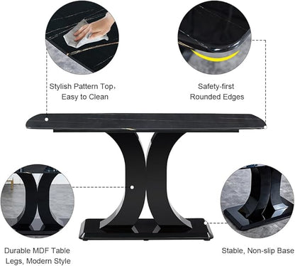 Modern Dining Table Set for 6, Marble Kitchen Table Chair Set for 6, Rectangular Kitchen Table with 6 Pu Leather Upholstered Chair for Dining Room