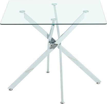 Henf 36'' Tempered Glass Dining Table for 2-4 People, Square Kitchen Table with Silver X-Base Metal Legs, Adjustable Feet, Glass Desk for Small Space, Clear Square Dining Room Table for 4