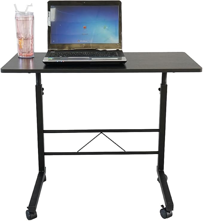 Goujxcy Sofa Side Table C Shaped End Table with Wheels, Black Rolling Bedside Laptop Table Snack Table TV Tray, Height Adjustable, Wooden Top & Metal Frame