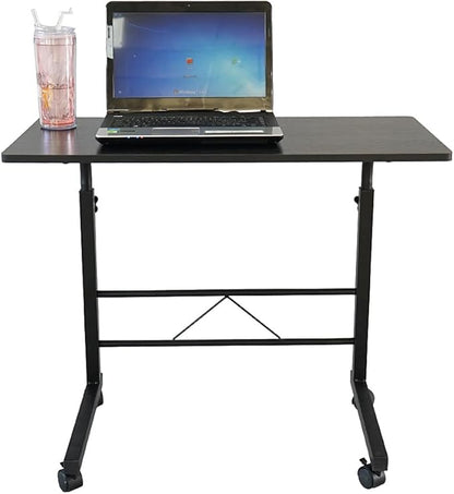 Goujxcy Sofa Side Table C Shaped End Table with Wheels, Black Rolling Bedside Laptop Table Snack Table TV Tray, Height Adjustable, Wooden Top & Metal Frame