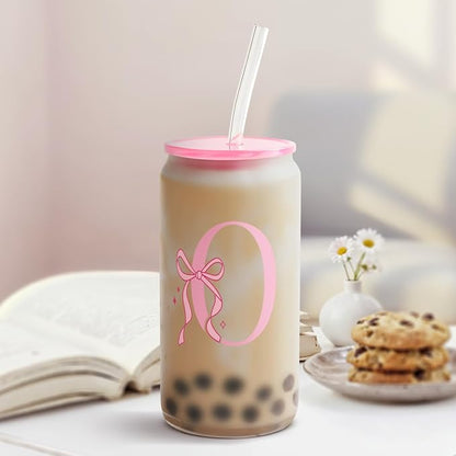 SANDJEST Monogrammed Glass Drinking Can Cup with Acrylic Lid and Straw, Personalized Frosted Iced Coffee Tumbler 16oz, Monogram Initial Gifts for Women Girls on Birthday (O)