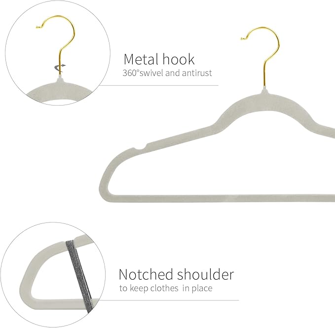 ManGotree Velvet Coat Hangers, Non-Slip Felt Suit Hangers, Ultra-Slim Space Saving Clothes Hanger with 360° Swivel Golden-Plated Hook, 36 Pack (Grey)